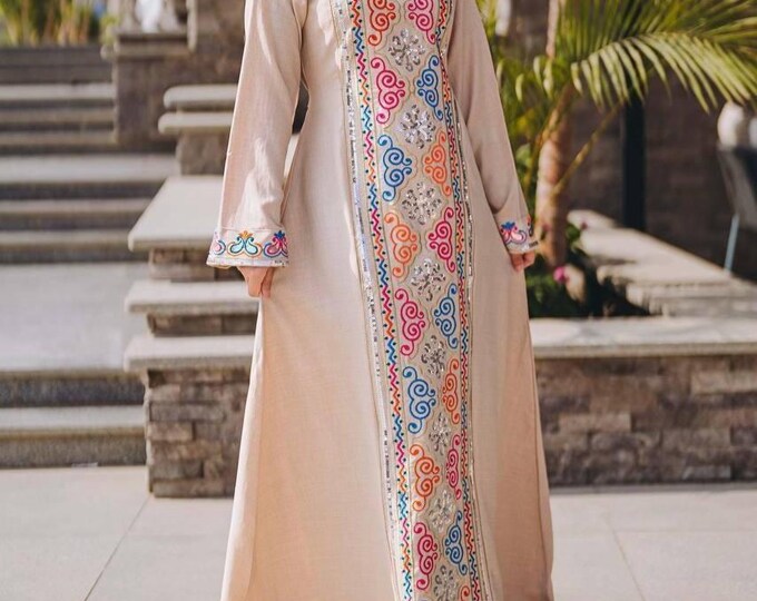 Beige and Pink Floral Embroidered Caftan