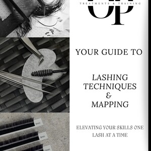 Può includere: Immagine in bianco e nero con strumenti e forniture per extension ciglia. Include pinzette, vassoi per ciglia e una guida intitolata "Your Guide to Lashing Techniques & Mapping". Il testo recita anche "Elevating Your Skills One Lash at a Time."