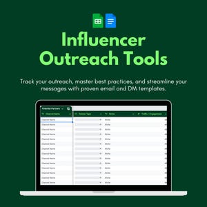 May include: A laptop computer screen displaying a spreadsheet with the title "Potential Partners". The spreadsheet has columns for "Channel Name", "Partner Type", "Niche", and "Traffic/Engagement". The spreadsheet is a tool for influencer outreach.