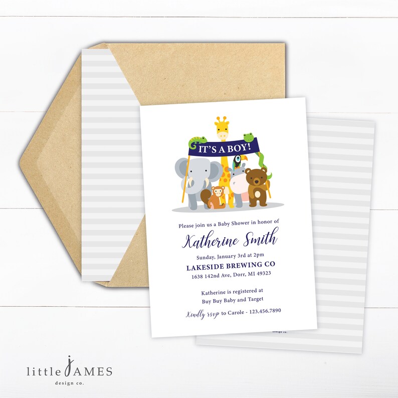 Zoo Animals Baby Shower Invitation Printable DIY Baby Boy Elephant Jungle Animals Giraffe Lion Bear Monkey