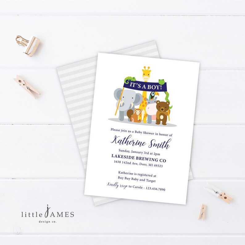 Zoo Animals Baby Shower Invitation Printable DIY Baby Boy Elephant Jungle Animals Giraffe Lion Bear Monkey