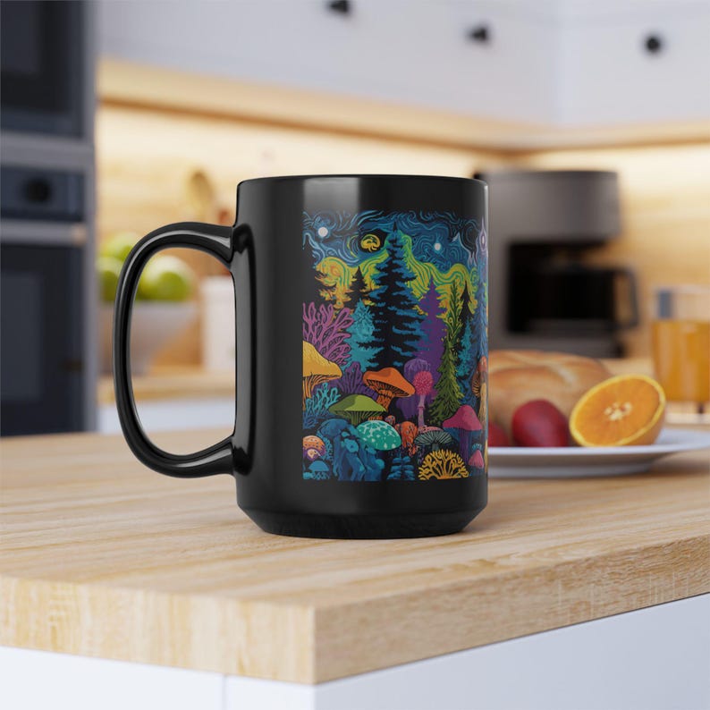 Psychedelic Forest with Bigfoot Mug | Black Ceramic Coffee Cup image 16