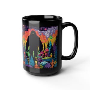 Psychedelic Forest with Bigfoot Mug | Black Ceramic Coffee Cup image 14