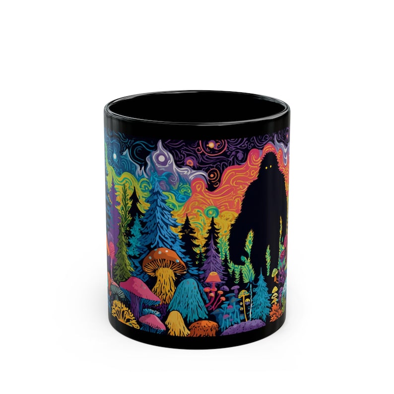 Psychedelic Forest with Bigfoot Mug | Black Ceramic Coffee Cup image 2