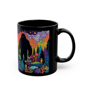 Psychedelic Forest with Bigfoot Mug | Black Ceramic Coffee Cup image 3
