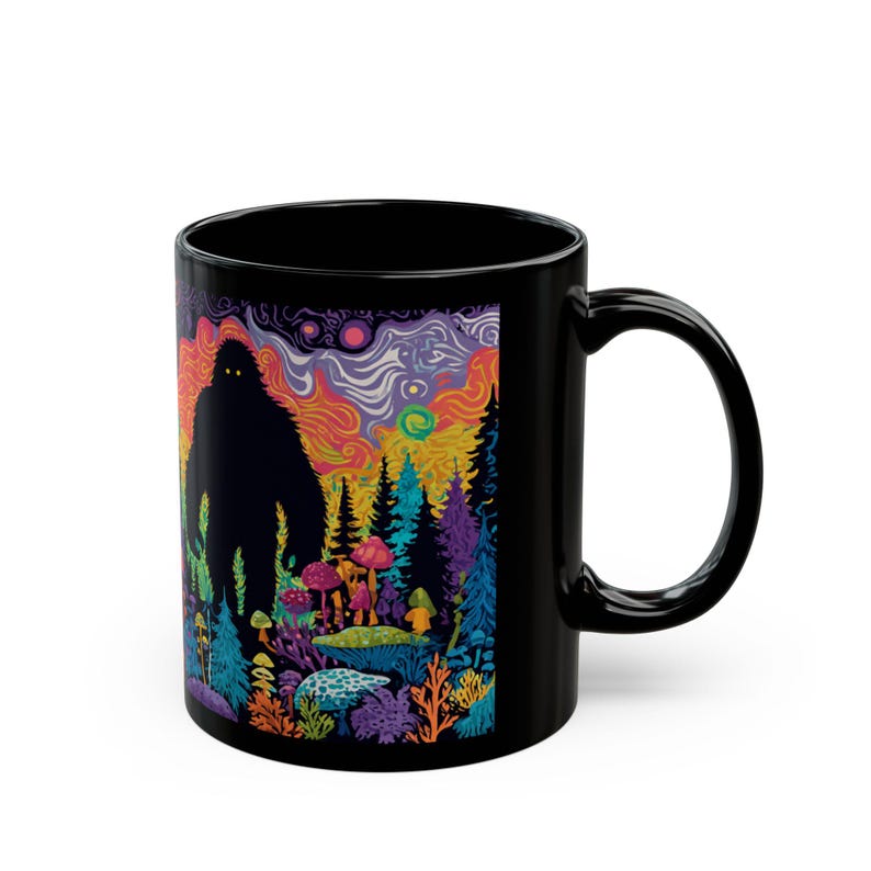 Psychedelic Forest with Bigfoot Mug | Black Ceramic Coffee Cup image 3