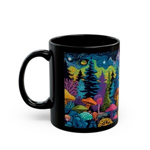 Psychedelic Forest with Bigfoot Mug | Black Ceramic Coffee Cup image 4