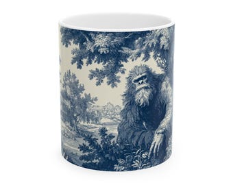 French Toile de Jouy Ceramic Mug, Big Foot Artwork Coffee Cup, Vintage Style Tea Mug, Kitchen Decor Gift, Unique Design Mug, Kitchenware