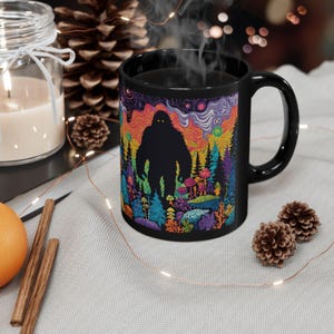 Psychedelic Forest with Bigfoot Mug | Black Ceramic Coffee Cup image 7
