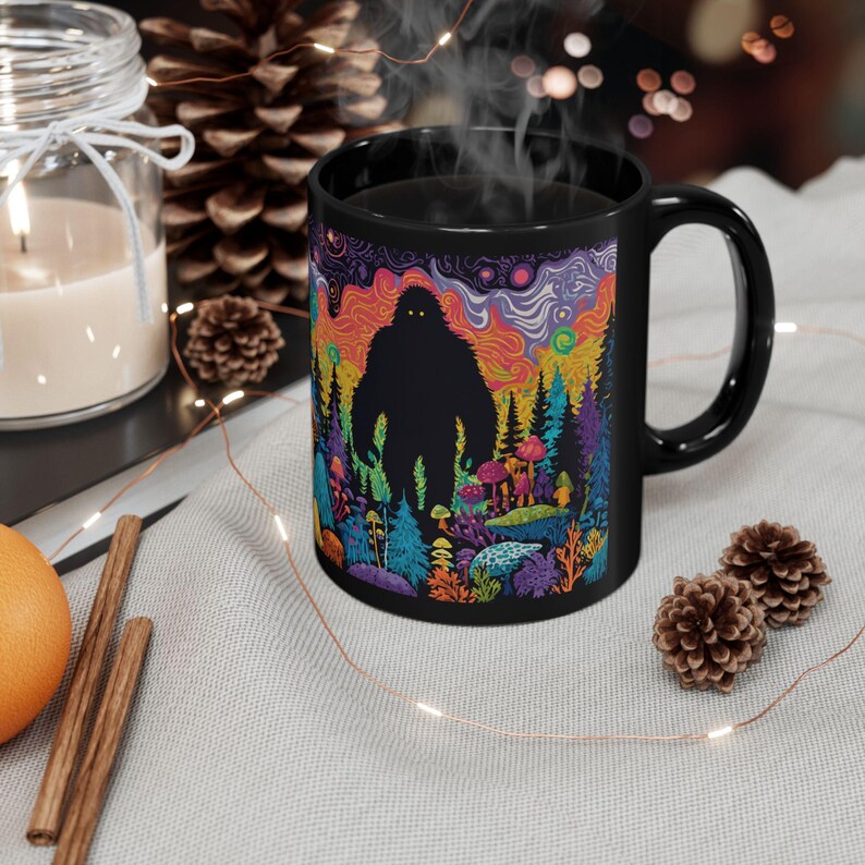 Psychedelic Forest with Bigfoot Mug | Black Ceramic Coffee Cup image 7