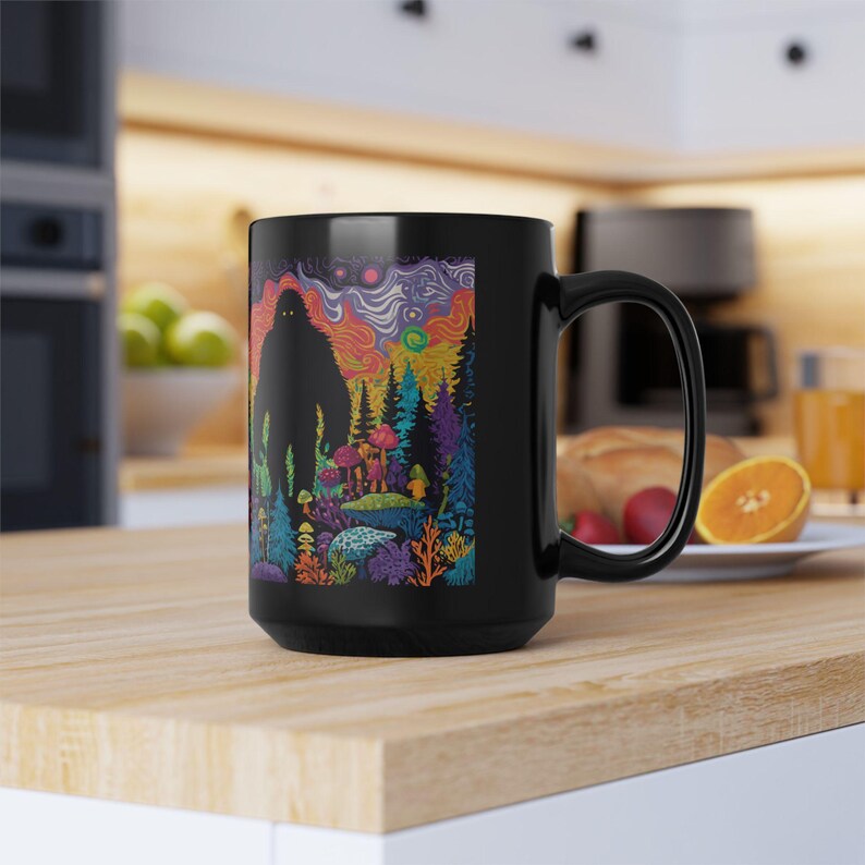 Psychedelic Forest with Bigfoot Mug | Black Ceramic Coffee Cup image 15