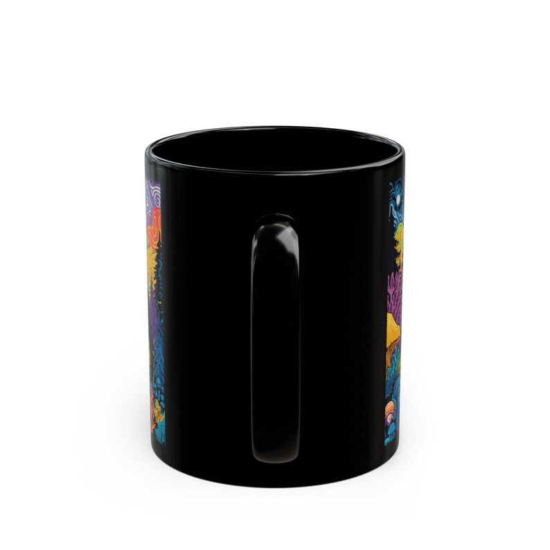 Psychedelic Forest with Bigfoot Mug | Black Ceramic Coffee Cup image 5