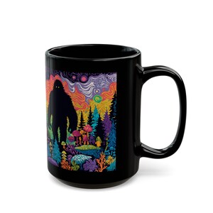 Psychedelic Forest with Bigfoot Mug | Black Ceramic Coffee Cup image 10