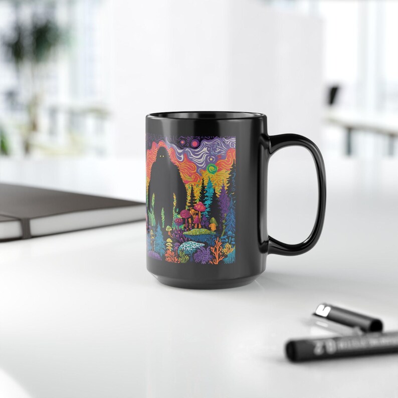Psychedelic Forest with Bigfoot Mug | Black Ceramic Coffee Cup image 17