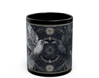 Black Mug - Gothic Raven Mug, Halloween mug, 11oz, 15oz. Mystical Coffee Cup, Spooky Mug, Witchy Drinkware Gift, Dark Home Decor