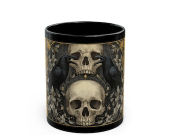 Gothic Mug, Halloween Skull Coffee Cup, Spooky Goth Drinkware, 11oz 15oz Black Mug Gift Idea, Witchy Kitchen Decor, Dark Halloween Mug,