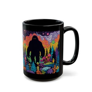 Psychedelic Forest with Bigfoot Mug | Black Ceramic Coffee Cup image 13