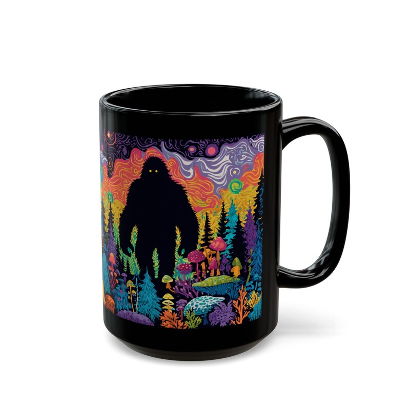 Psychedelic Forest with Bigfoot Mug | Black Ceramic Coffee Cup image 13
