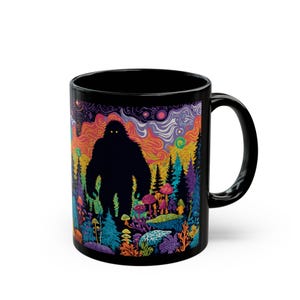 Psychedelic Forest with Bigfoot Mug | Black Ceramic Coffee Cup image 6