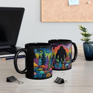 Psychedelic Forest with Bigfoot Mug | Black Ceramic Coffee Cup image 1