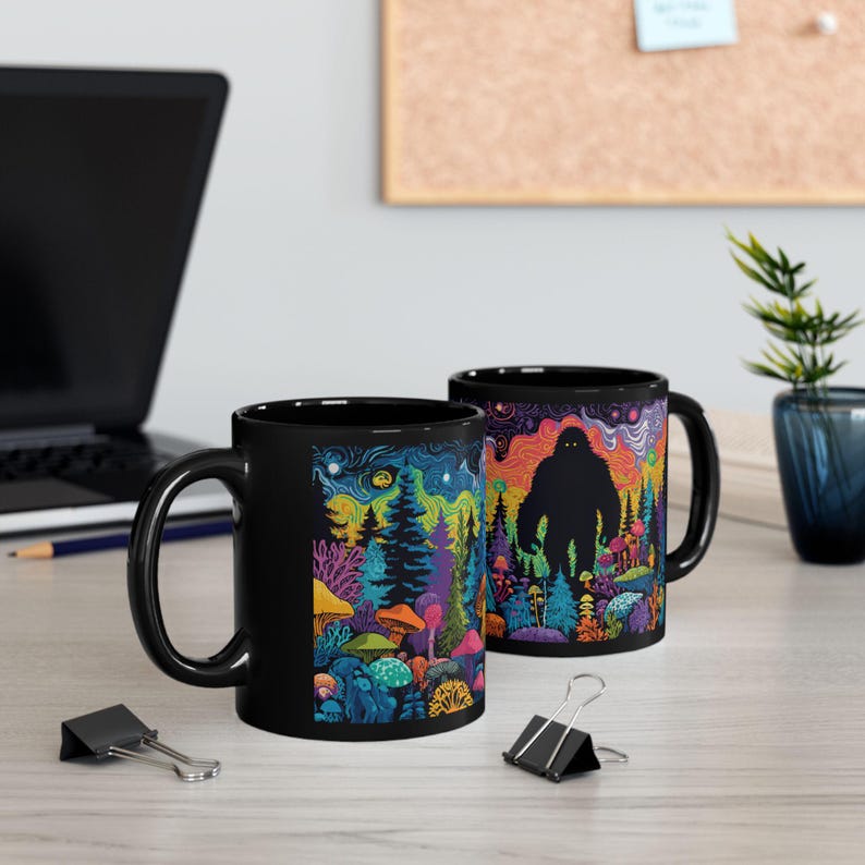 Psychedelic Forest with Bigfoot Mug | Black Ceramic Coffee Cup image 1