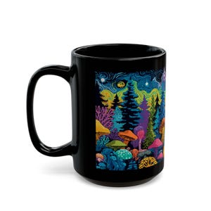 Psychedelic Forest with Bigfoot Mug | Black Ceramic Coffee Cup image 11