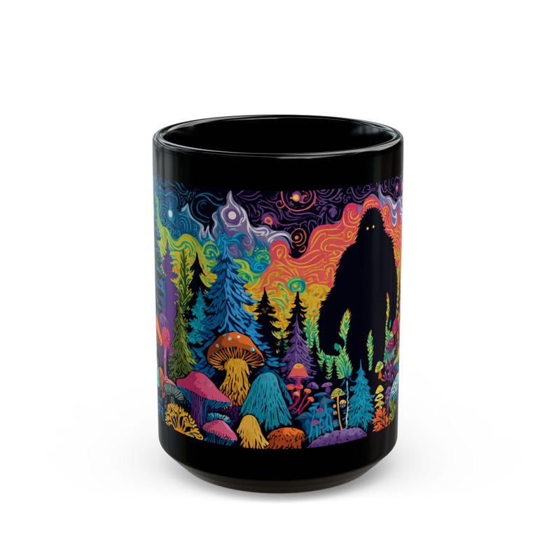 Psychedelic Forest with Bigfoot Mug | Black Ceramic Coffee Cup image 9