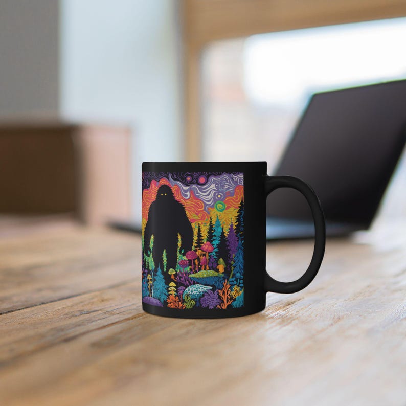 Psychedelic Forest with Bigfoot Mug | Black Ceramic Coffee Cup image 8