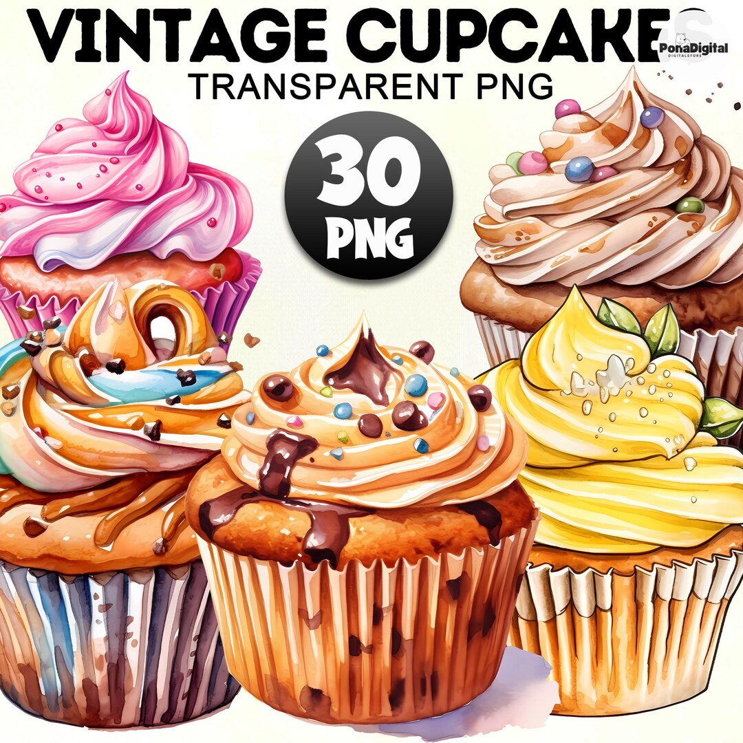 Watercolor Vintage Cupcakes Clipart Bundle PNG,30+ Watercolor Cupcake ...
