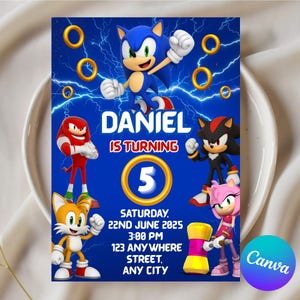 Faire-part d'anniversaire Sonic, Invitation fête d'anniversaire Sonic, Knuckle and Tails, modèle de toile, Super Sonic Party inviter, Sonic The Hedgehog