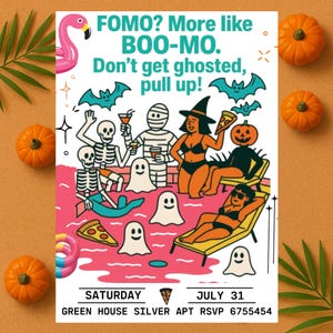 Invitación de verano, invitación de cumpleaños de Halloween para fiesta en la piscina, plantilla editable de Canva, descarga digital instantánea, imprimible de 5 × 7