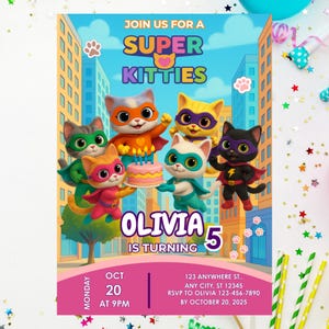 Super Kitties Birthday Invitation, Editable Canva Template, Girl 5th Birthday, Cat Superhero Party Invite, Digital Download, Instant Edit