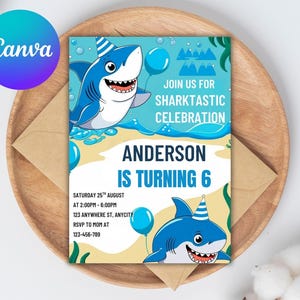 Shark Birthday Invitation, Shark Birthday Party, Shark Invitation, Shark Birthday, Instant Download, Printable, Editable, Canva Template