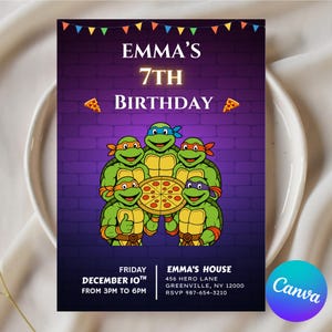 Bewerkbare Ninja Turtles verjaardagsuitnodiging, TMNT-feestuitnodiging, Teenage Mutant Ninja Turtle, Canva-sjabloon, afdrukbare digitale kaart voor kinderen