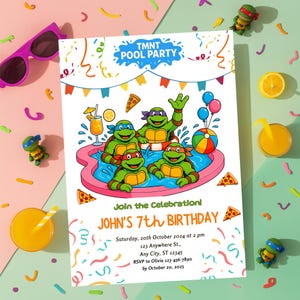 Invitación a fiesta en la piscina de las Tortugas Ninja, invitación de cumpleaños de las TMNT, plantilla editable de Canva, descarga instantánea, tarjeta de séptimo cumpleaños para niños