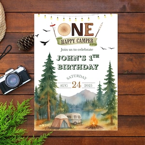 One Happy Camper Birthday Invitation, Editable 1st Birthday Invite, Camping Party Printable, Woodland Animals, Boy Birthday Card