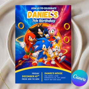 Convite de aniversário editável do Sonic, festa do ouriço, modelo de convite para menino e menina, convite editável e para impressão, download instantâneo