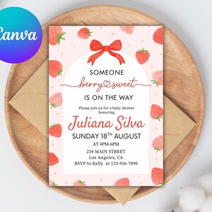 Berry Sweet Baby Shower Invitation, Berry Sweet Baby Shower Blush Berry, Berry Sweet Invitation, Strawberry Baby Shower, Canva