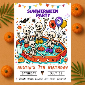 Invitación a fiesta en la piscina de verano, invitación de cumpleaños de Halloween, plantilla editable de Canva de 5×7, descarga digital instantánea e imprimible.