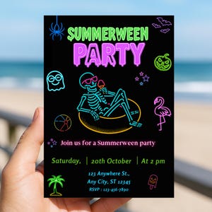Invitación a fiesta en la piscina de verano, invitación de cumpleaños de Halloween, plantilla editable de Canva de 5×7, descarga digital instantánea e imprimible.