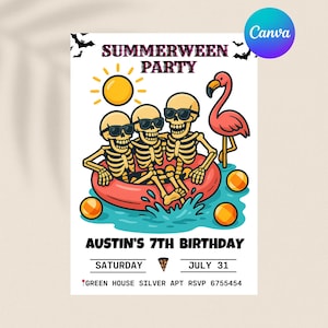 Invitación de verano, invitación de cumpleaños de Halloween para fiesta en la piscina, plantilla editable de Canva, descarga digital instantánea, imprimible de 5 × 7