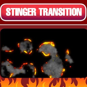 Puede incluir: Un efecto de transición animado naranja y amarillo ardiente con el texto "STINGER TRANSITION" en un rectángulo blanco con un contorno rojo.