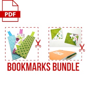 May include: A PDF pattern for making a set of bookmarks. The pattern includes three different designs for bookmarks with green, white, and pink fabric. The pattern also includes two designs for corner bookmarks with green and white fabric. The pattern is called "Bookmarks Bundle".