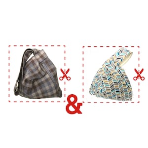 May include: Two fabric bags, one with a plaid pattern and one with a geometric pattern. Both bags have a handle and are closed with a knot.