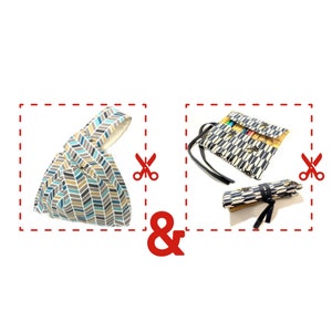 May include: Two fabric bags with a geometric pattern in shades of blue, gray, and yellow. One bag is a knotted pouch and the other is a pencil roll.
