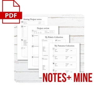 May include: Four printable pages for sewing project notes. The pages include sections for sewing project notes, project review, fabric collection, and patterns collection. The pages are black and white and have a simple design.