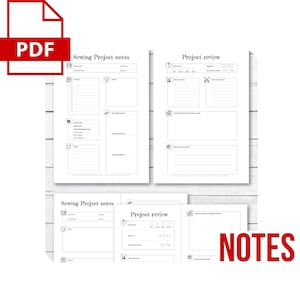 May include: Printable sewing project notes and review templates. The templates include sections for project details, fabric, notions, instructions, and a review section with a rating scale.