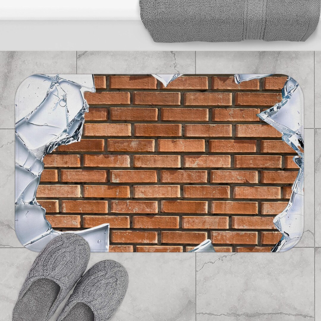 Broken Glass Hole Brick Wall Bath Mat, Urban Industrial Floor Rug ...