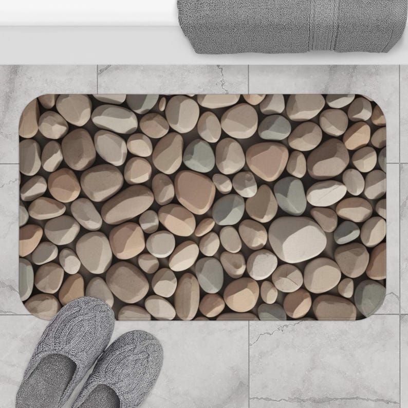 Rocks Spa Rug Pebble Stone Bath Mat, River Rock Print, Nature Lover Rug, Forest River ...
