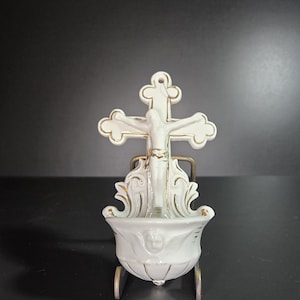Vintage Holy Water Font or Stoup Cross with Jesus and Cherub | Religious Décor